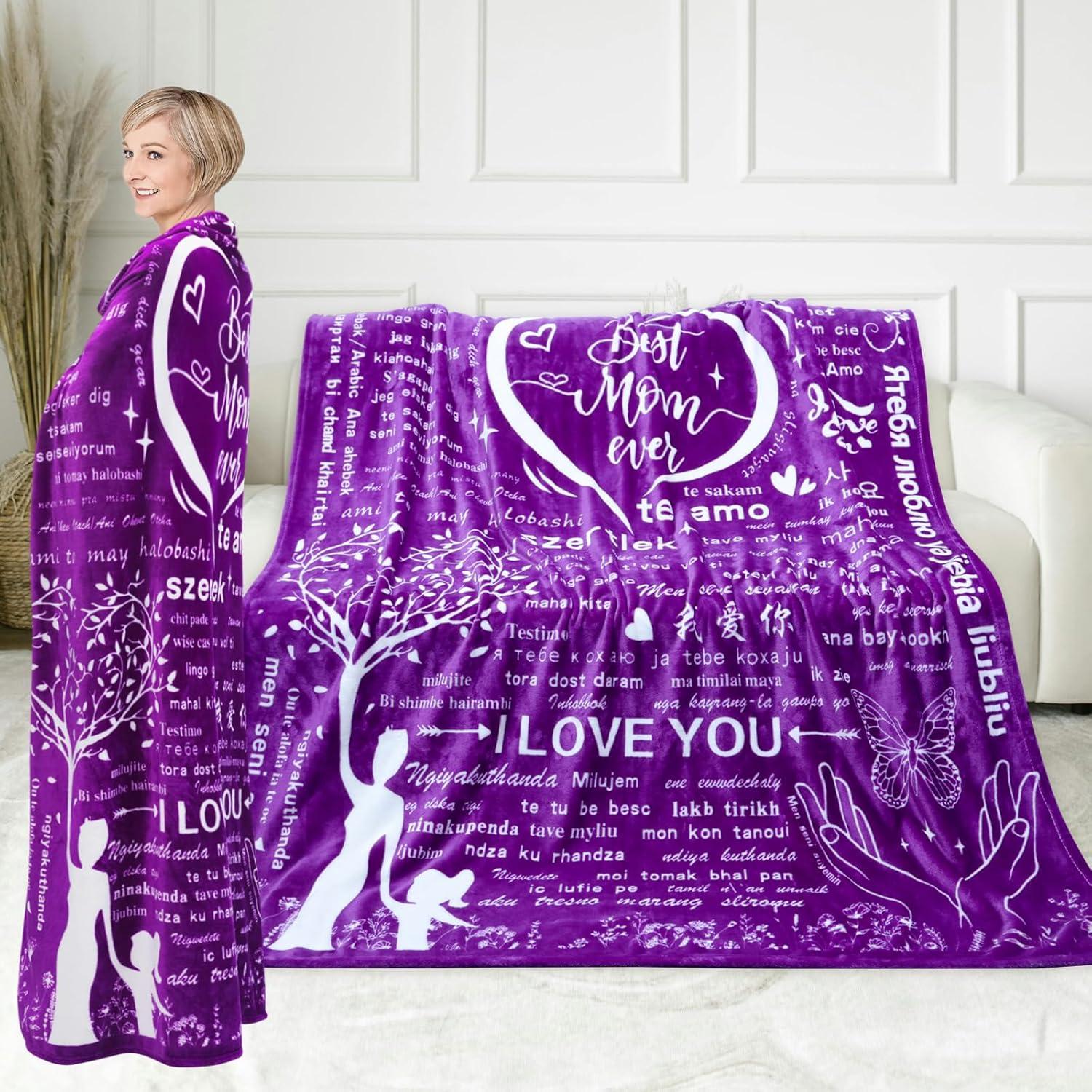 Gifts for Mom Wife Valentines Day Throw Blanket Gifts for Grandma, Best MOM Ever Surrounded by Heart Shape with 100 Languages I Love You Blanket, Mom Gifts Christmas Mother‘s Day 60''x70''