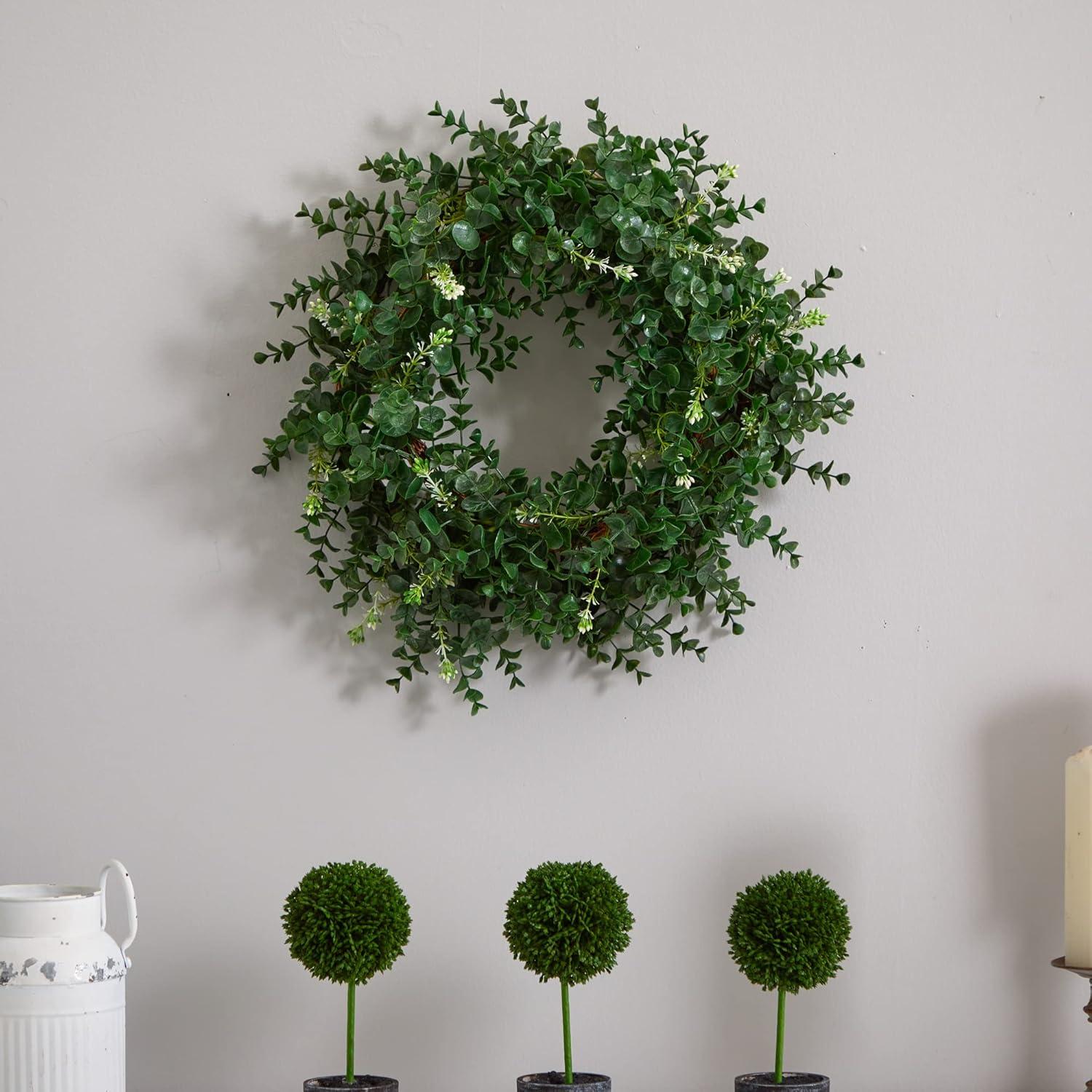 18" Green and White Artificial Eucalyptus Twig Wreath