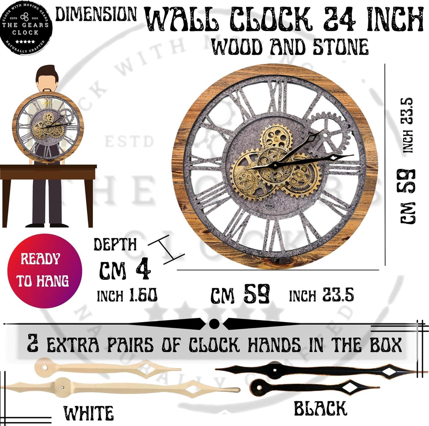 Wall Clock 24" Round Oversized for Living Room decor with Real Moving Gears America Collection