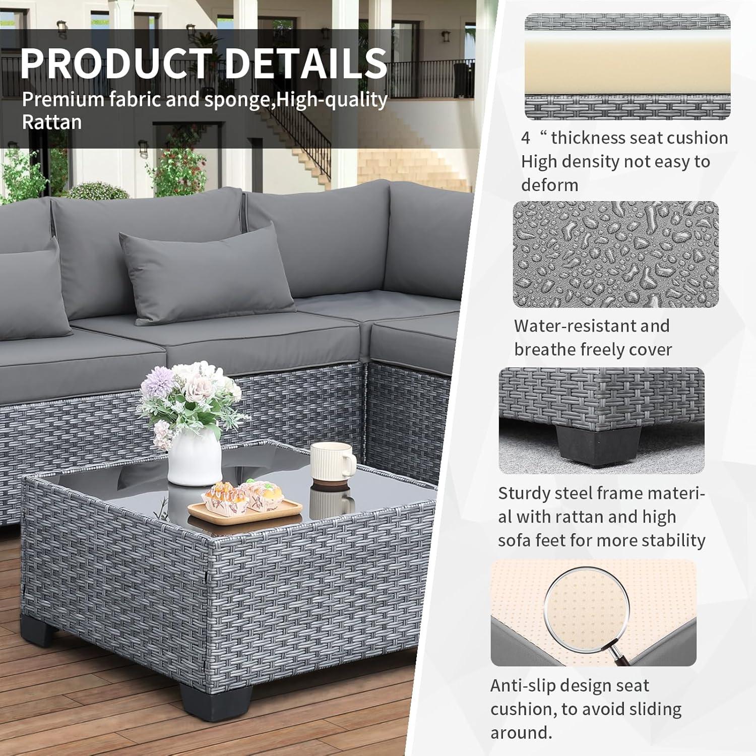 Valita 7 Piece Outdoor PE Wicker Furniture Set, Patio Gray Rattan Sectional Sofa Couch with Washable Grey Cushions