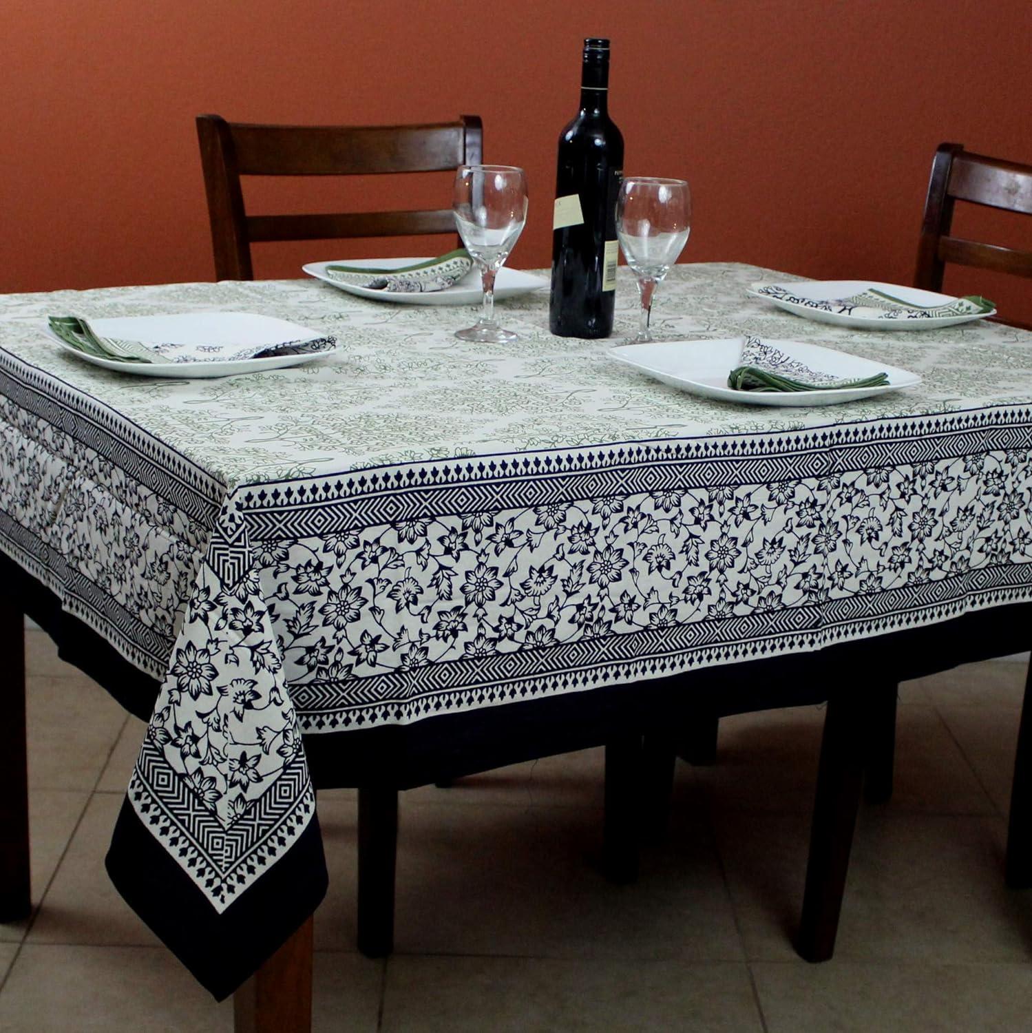 French Country Floral Black Green Cotton Square Tablecloth 72x72