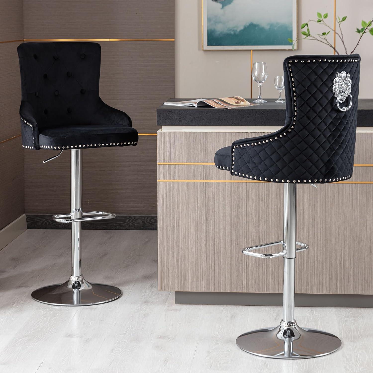 Black Velvet Adjustable Swivel Bar Stools with Chrome Base