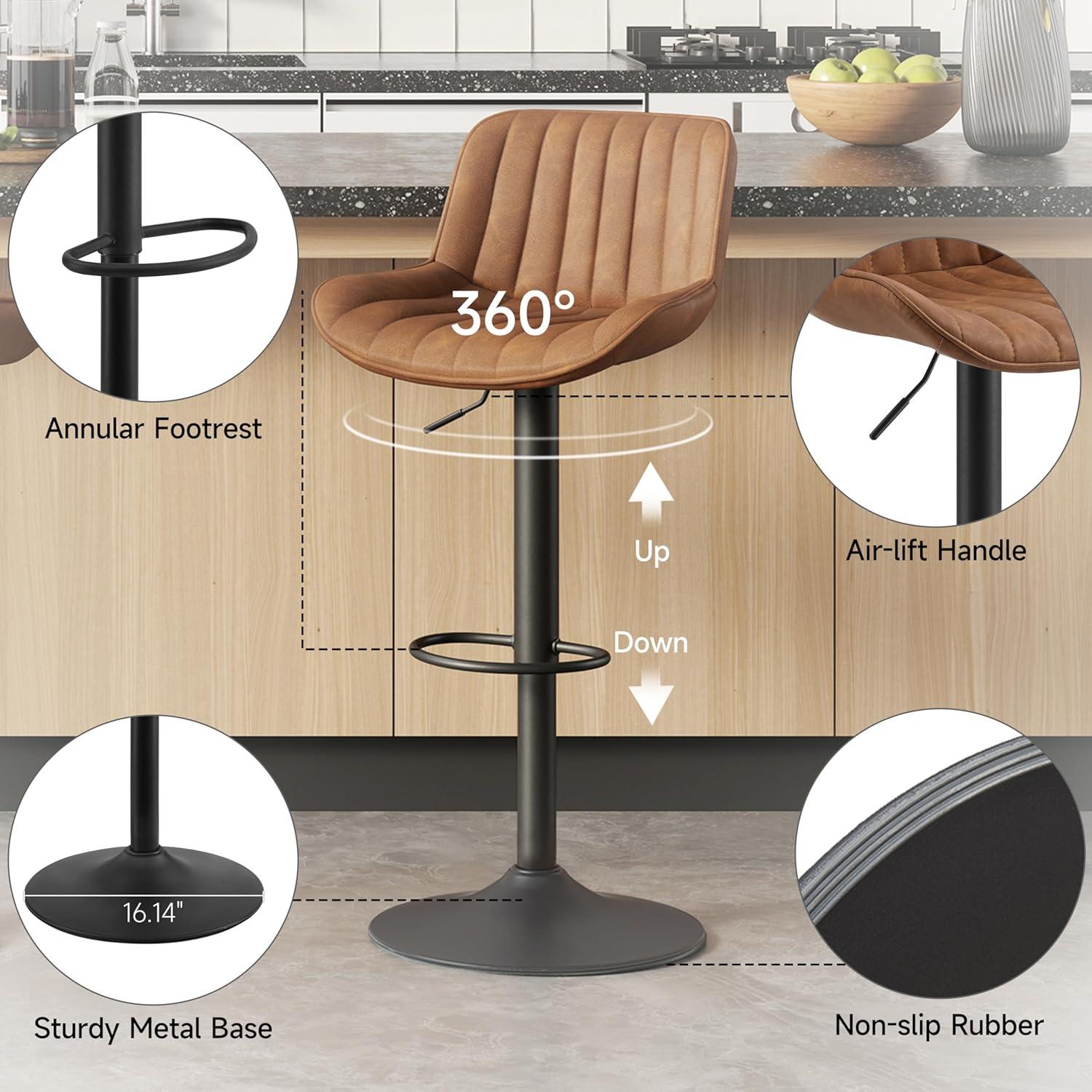 Art Leon Rustic Bar Stools Set of 2, Faux Leather with Backrest Chrome Legs, Upholstered Swivel Kitchen Stools, Yellow Brown