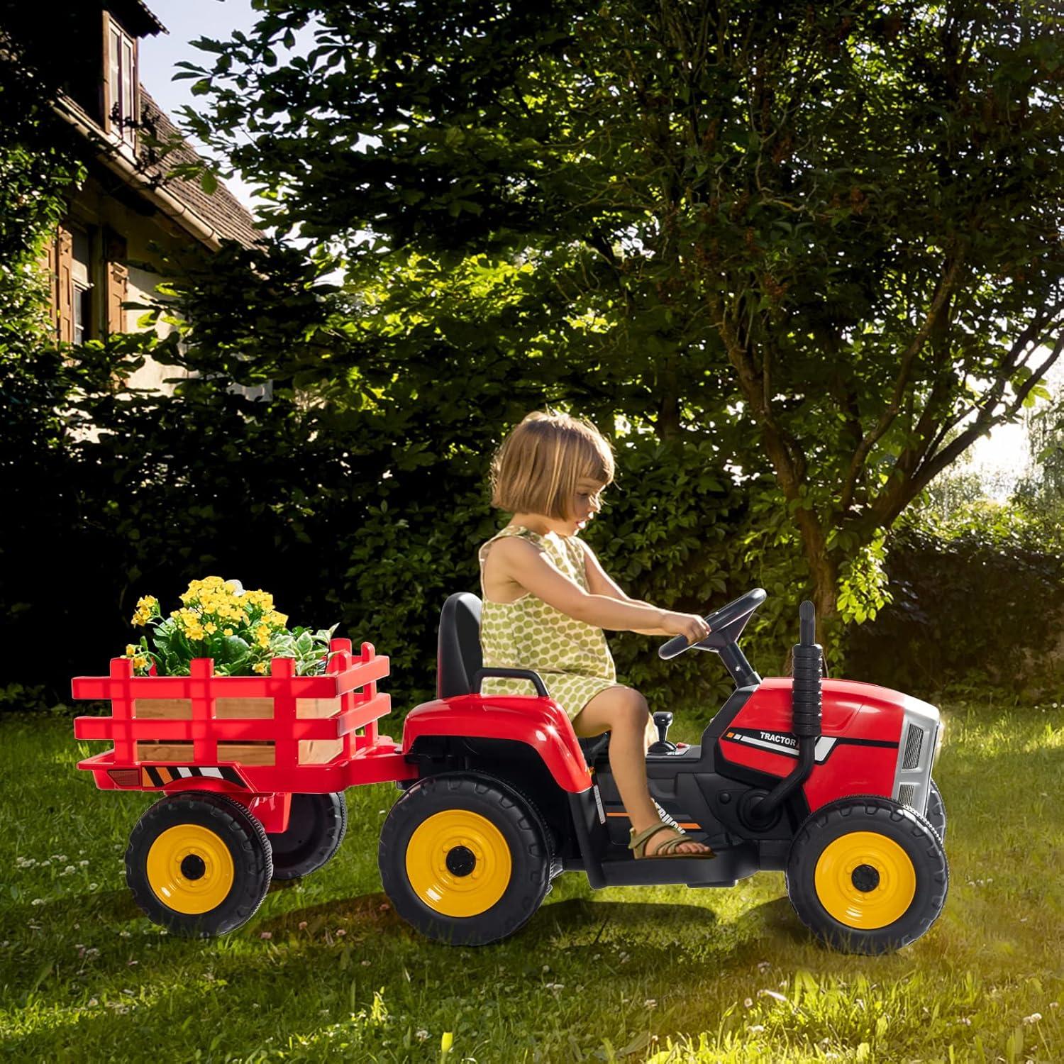 JOYMOR Ride on Tractor with Remote Control, 12V Electric Tractor with Trailer for Toddler, Battery Powered Ride on car Toy for Boys and Girls