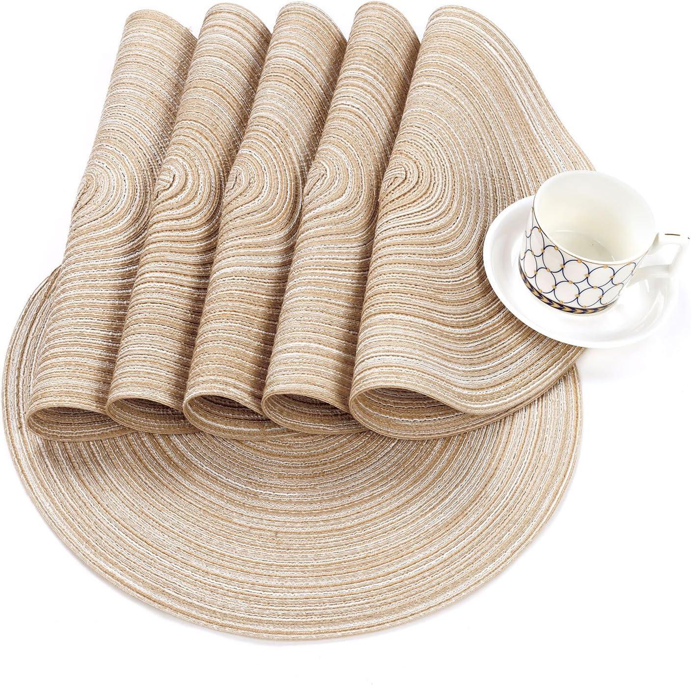 Findosom Round Table Place Mats Set of 6,Woven Braided 15" Christmas Placemats Washable Non-Slip Heat Resistant Table Placemats,Beige