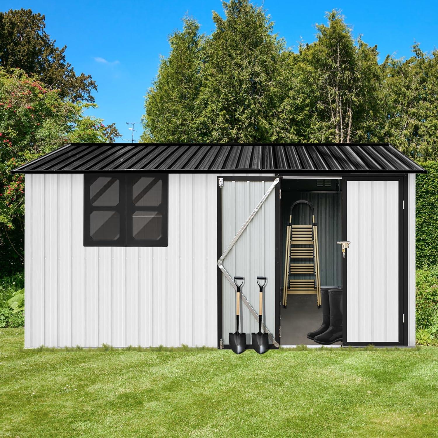 10' x 12' Black and White Metal Garden Shed with Windows