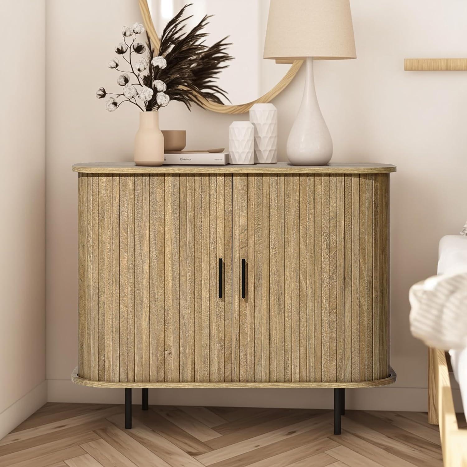 LuxenHome 35” Mid Century Modern Accent Cabinet, Sliding Door Sideboard Buffet Cabinet with Storage, Small Storage Entryway Cabinets for Kitchen, Living Room, Entryway