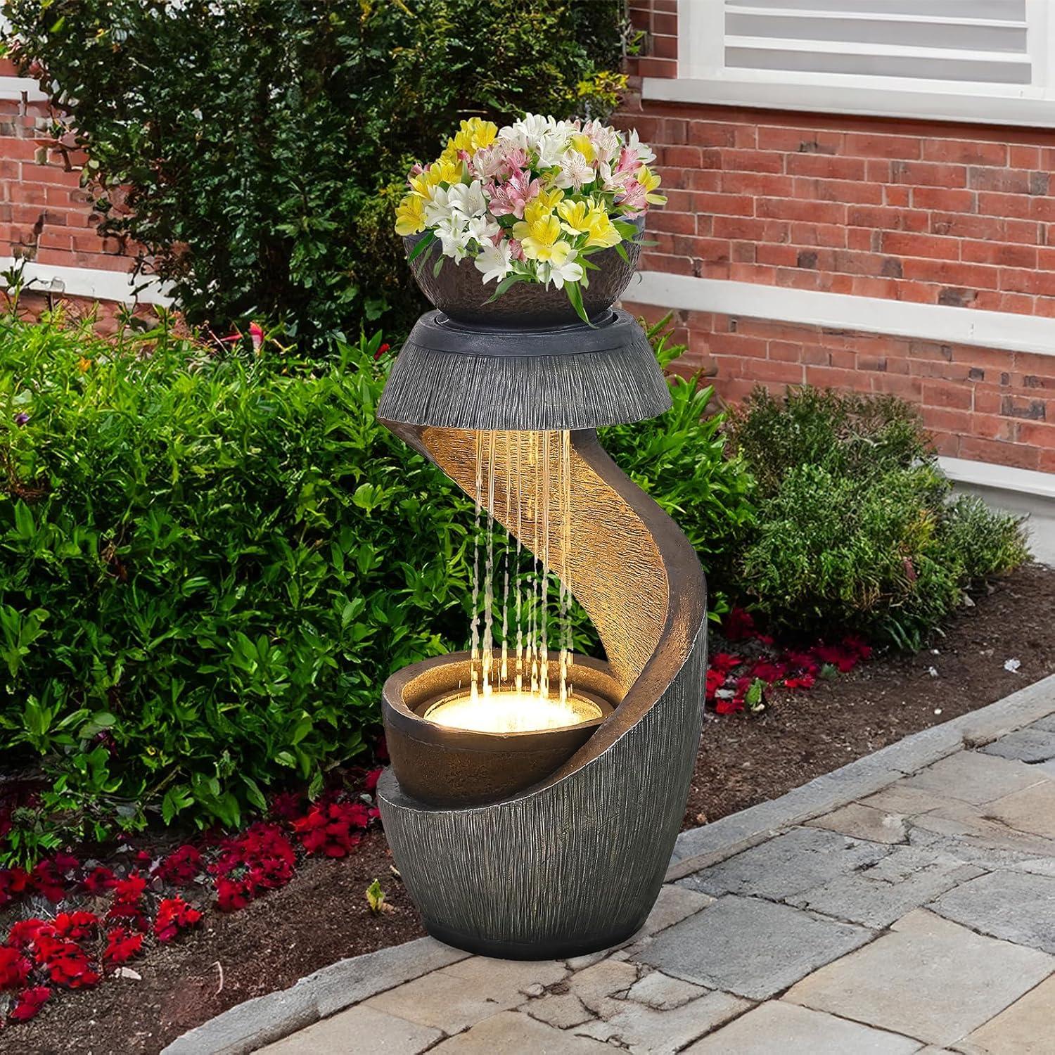 Outdoor Water Fountain Modern Curved Waterfall S-Shaped Freestanding Fountain with Bowl Planter for Patio Deck Garden Yard Home Decor