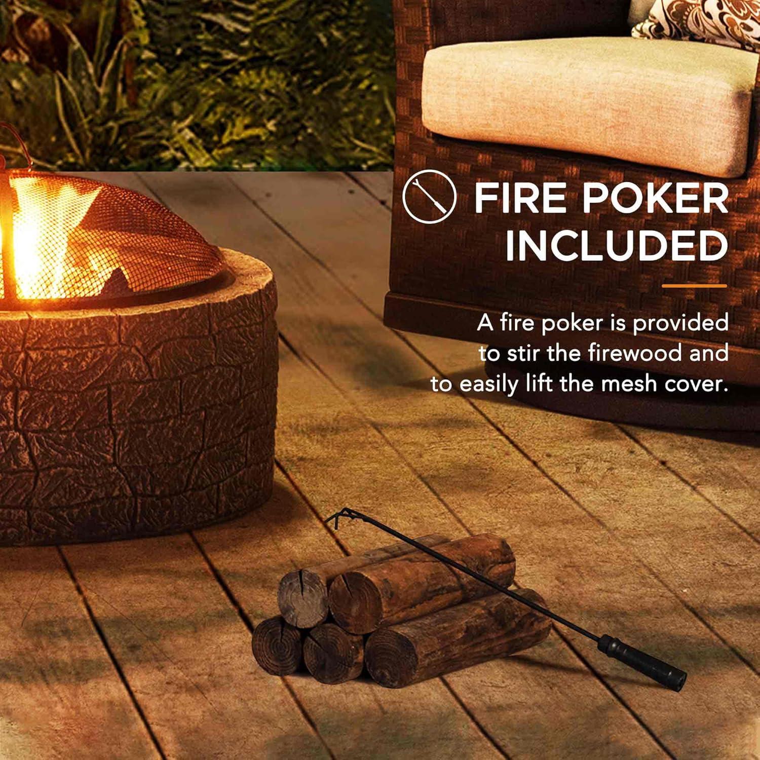 Sunjoy Stone Fire Pit 26 Inch, Outdoor Round Wood Burning Fire Pits with Spark Screen and Poker Grey