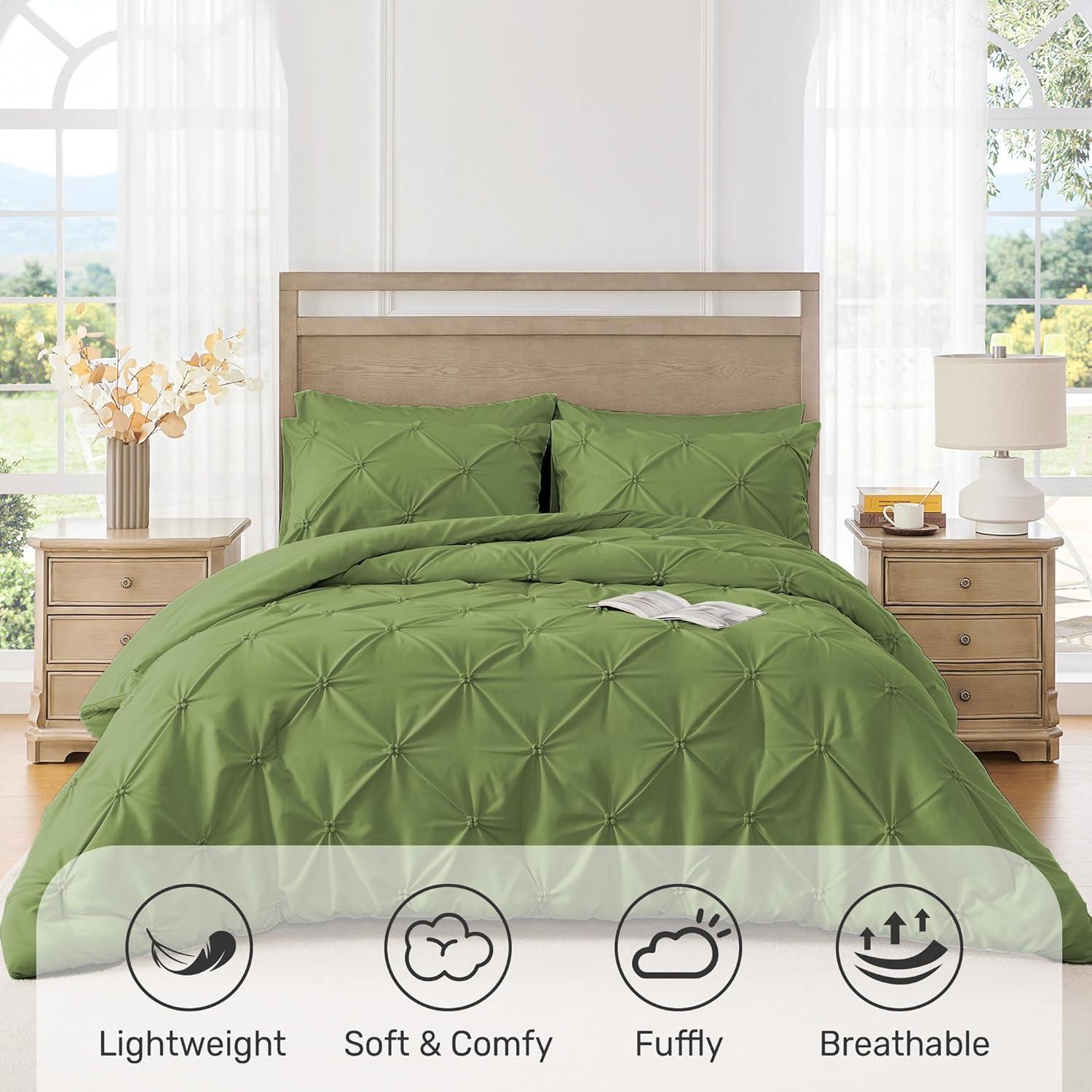 Peace Nest 3-Piece All Season Pinch Pleated Comforter Set, Olive, King