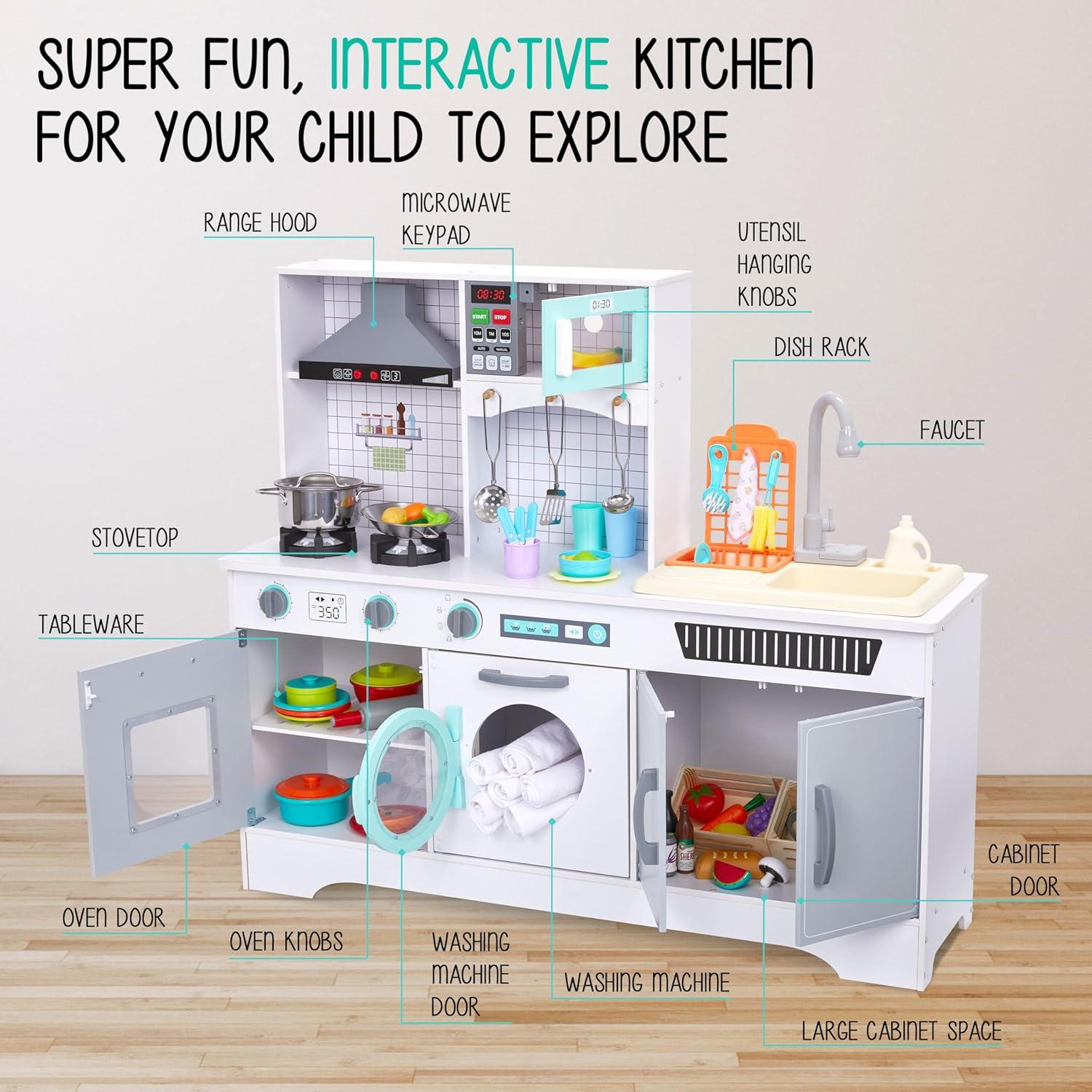Lil’ Jumbl Kids Wooden Kitchen Set, Pretend Working Sink with Real Running Water, Includes Range Hood, Microwave & Stove Top That Make Realistic Sound & Light, Full Accessory Set Included