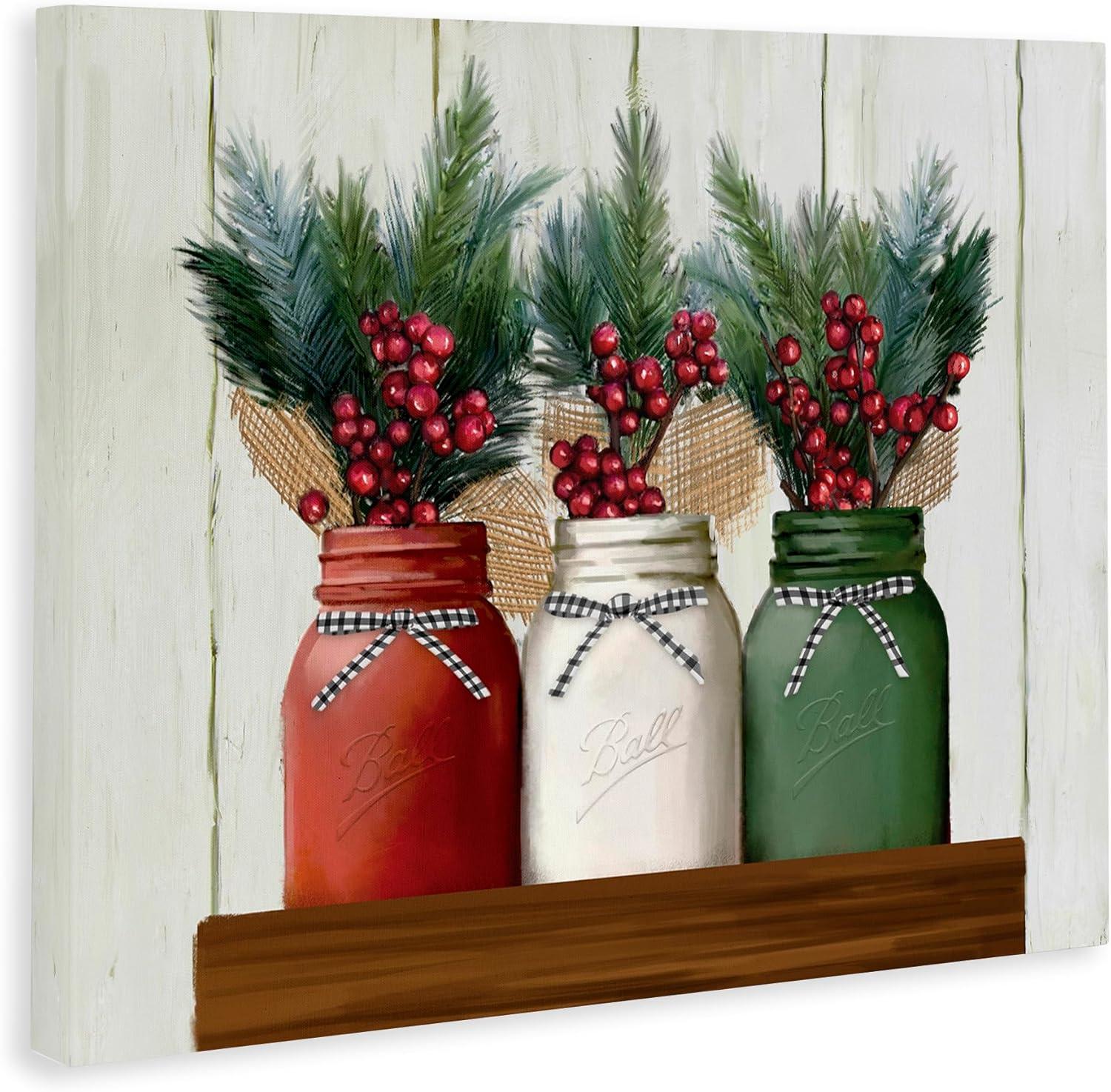 Festive Christmas Jars Canvas Wall Art with Berry Bouquets