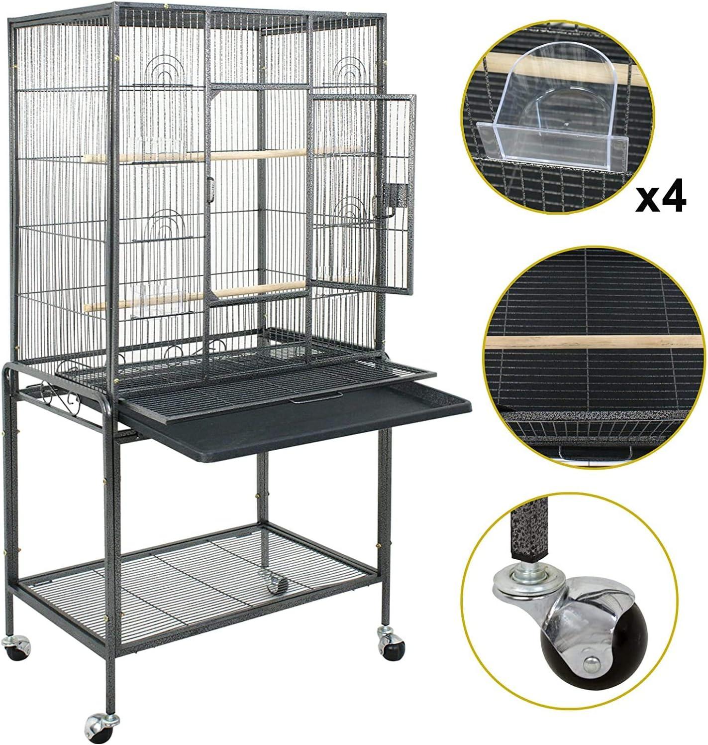 SUPER DEAL 53-Inch Rolling Bird Cage Large Wrought Iron Cage for Cockatiel Sun Conure Parakeet Finch Budgie Lovebird Canary Medium Pet House with Rolling Stand & Storage Shelf