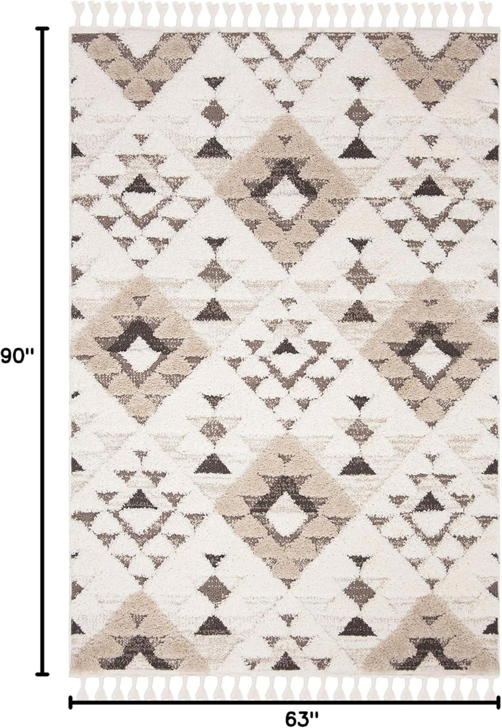 SAFAVIEH Moroccan Tassel Shag Larry Moroccan Geometric Area Rug, Ivory/Brown, 5'3" x 7'6"