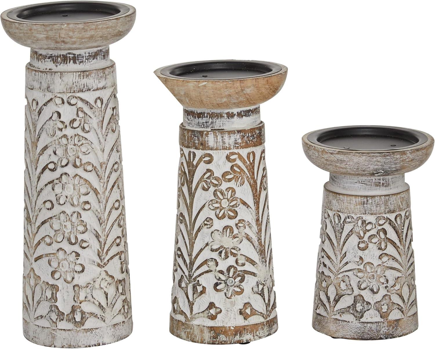 Gracie Oaks Mango Wood Floral Handmade Decorative Candle Holder Carved Pillar Candle Stand With Cream Accents, Set Of 3 Candlestick Holder 6", 8", 10"H, Brown