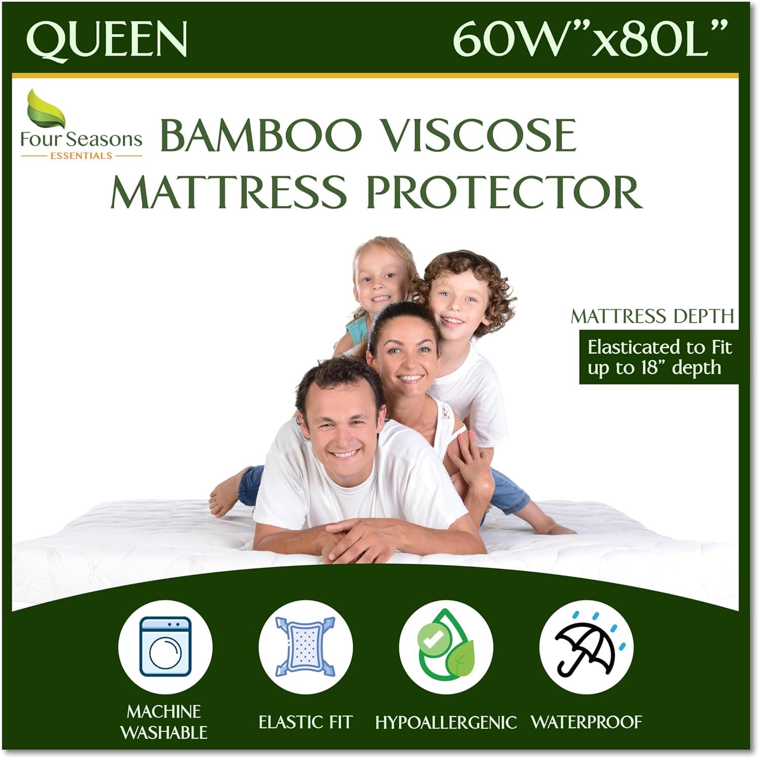 Queen Bamboo Mattress Protector - Waterproof Fitted Sheet Mattress Cover Hypoallergenic Soft Pad Protects From Dust