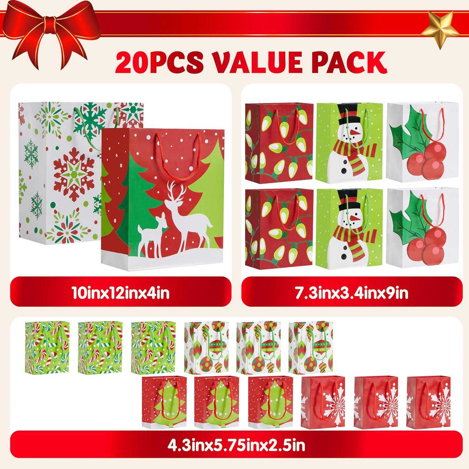 JOYFY 20pcs Christmas Gift Bags Assorted Sizes - Red Green White Gift Bags