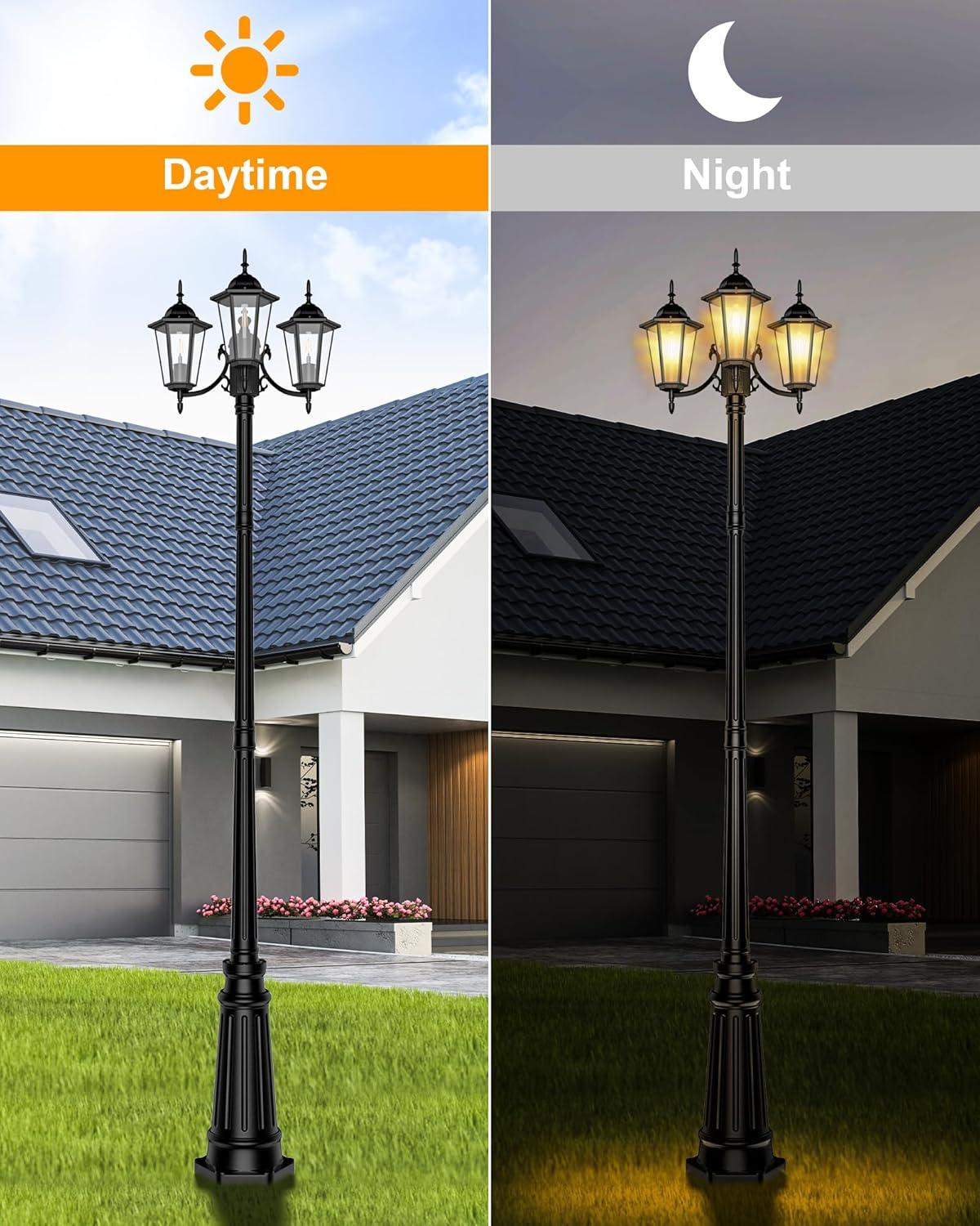 HORTUZZ Lamp Post Outdoor Lighting, 3-Head Black Hard Wired Pole Light for Outside, E26 Base Maximum 100W (Bulb Not Included), Waterproof Street Light Fixture for Yard, Garden, Driveway (Classic)