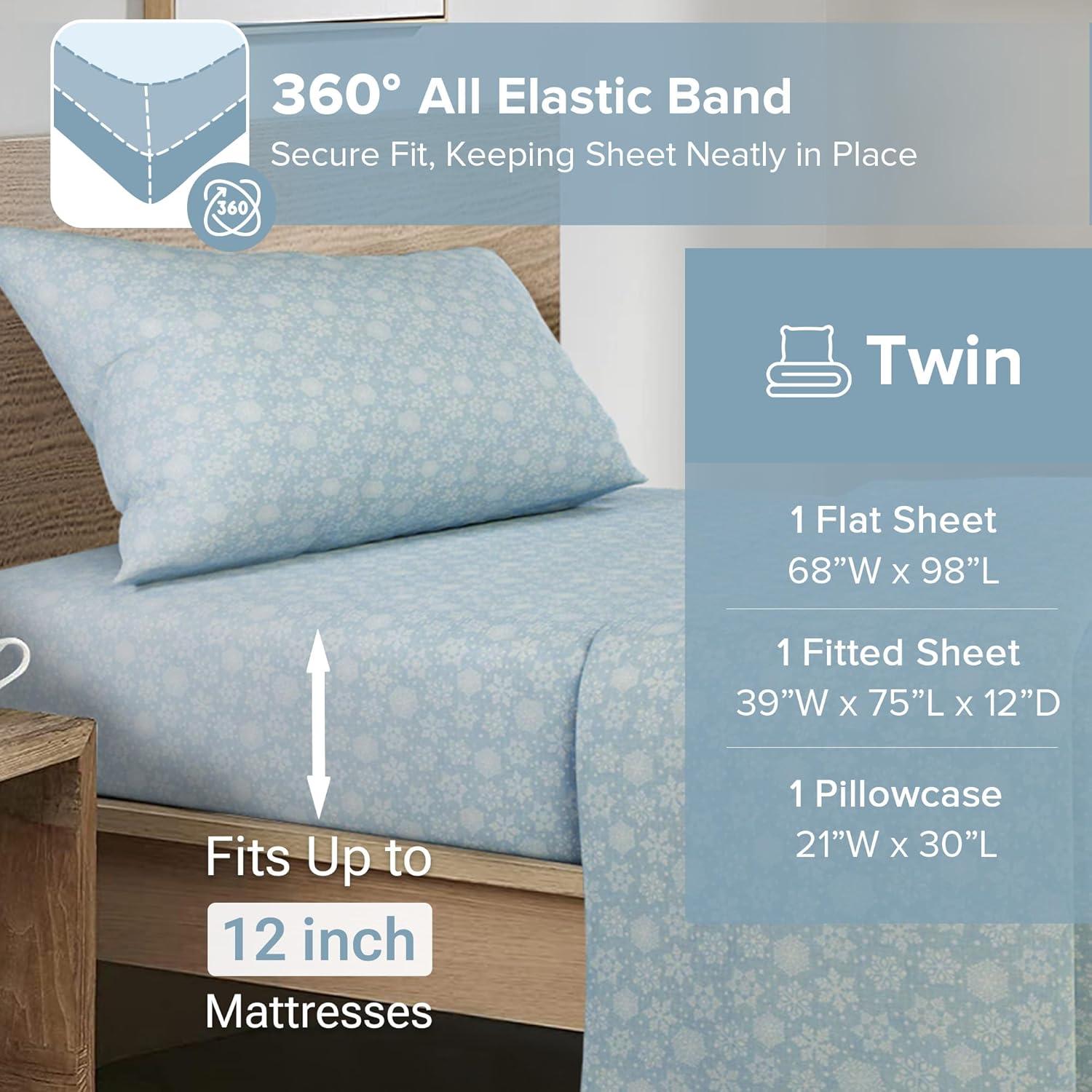 Comfort Spaces Twin Sheet Set, Flannel Bed Sheets Twin, 100% Cotton Bed Sheets Set with Deep Pocket, 3-Piece Snowflakes Blue