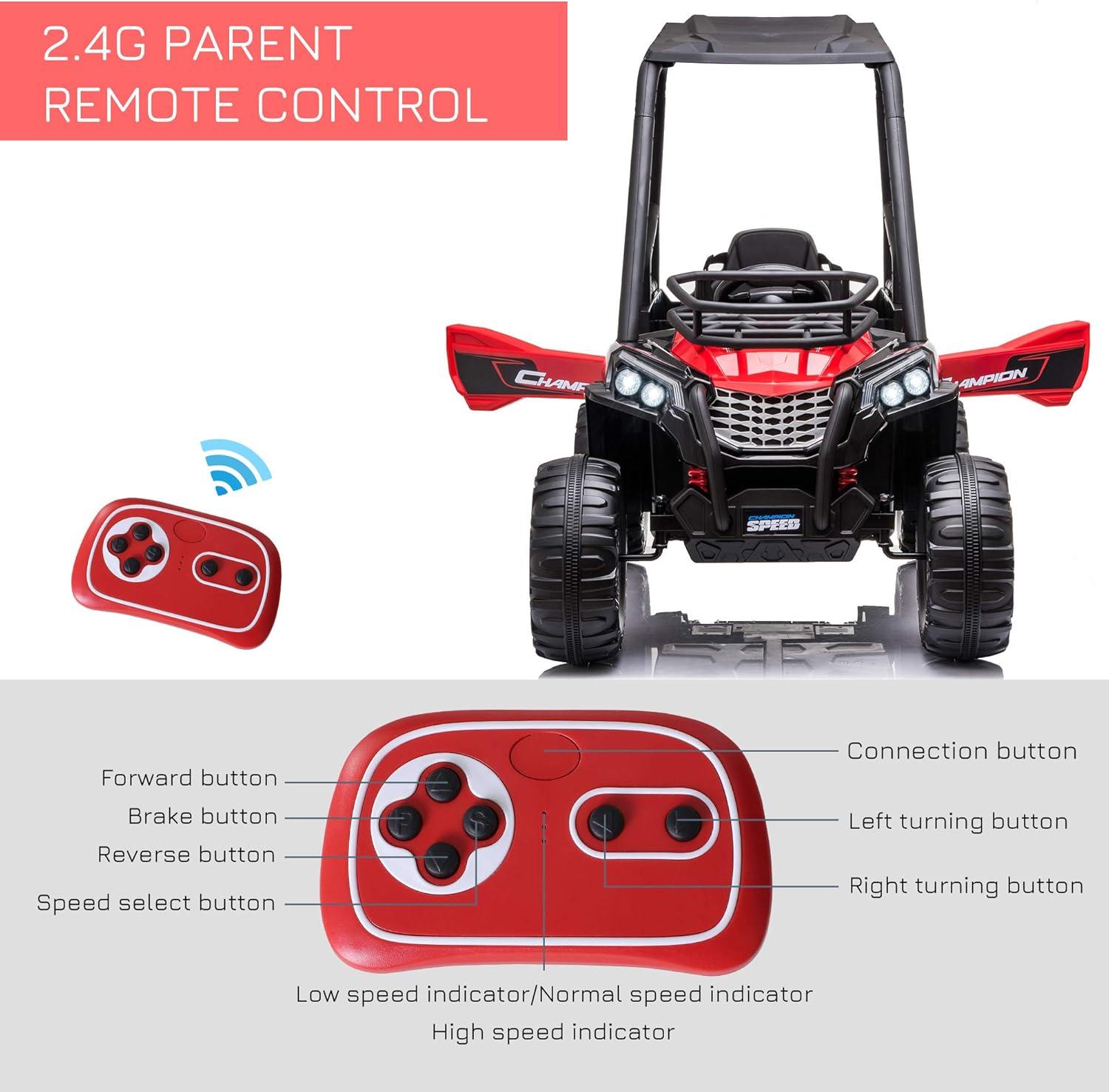 Aosom 12V Dual Motor Kids UTV, Battery Powered Electric Ride on Truck with Forward and Reverse Function, Lights, MP3/USB, Suspension, Remote Control, Red