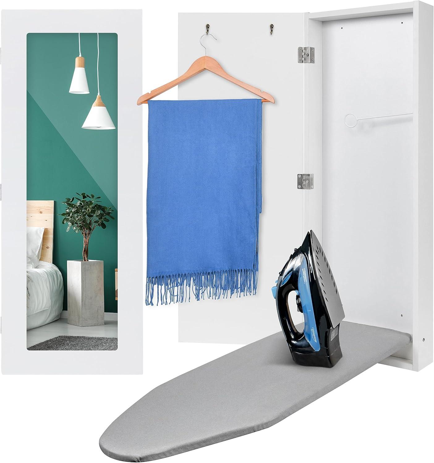 Ivation Ironing Board, Wall Mounted Ironing Board Cabinet W/Left Side Door, Mirror & Lever, White