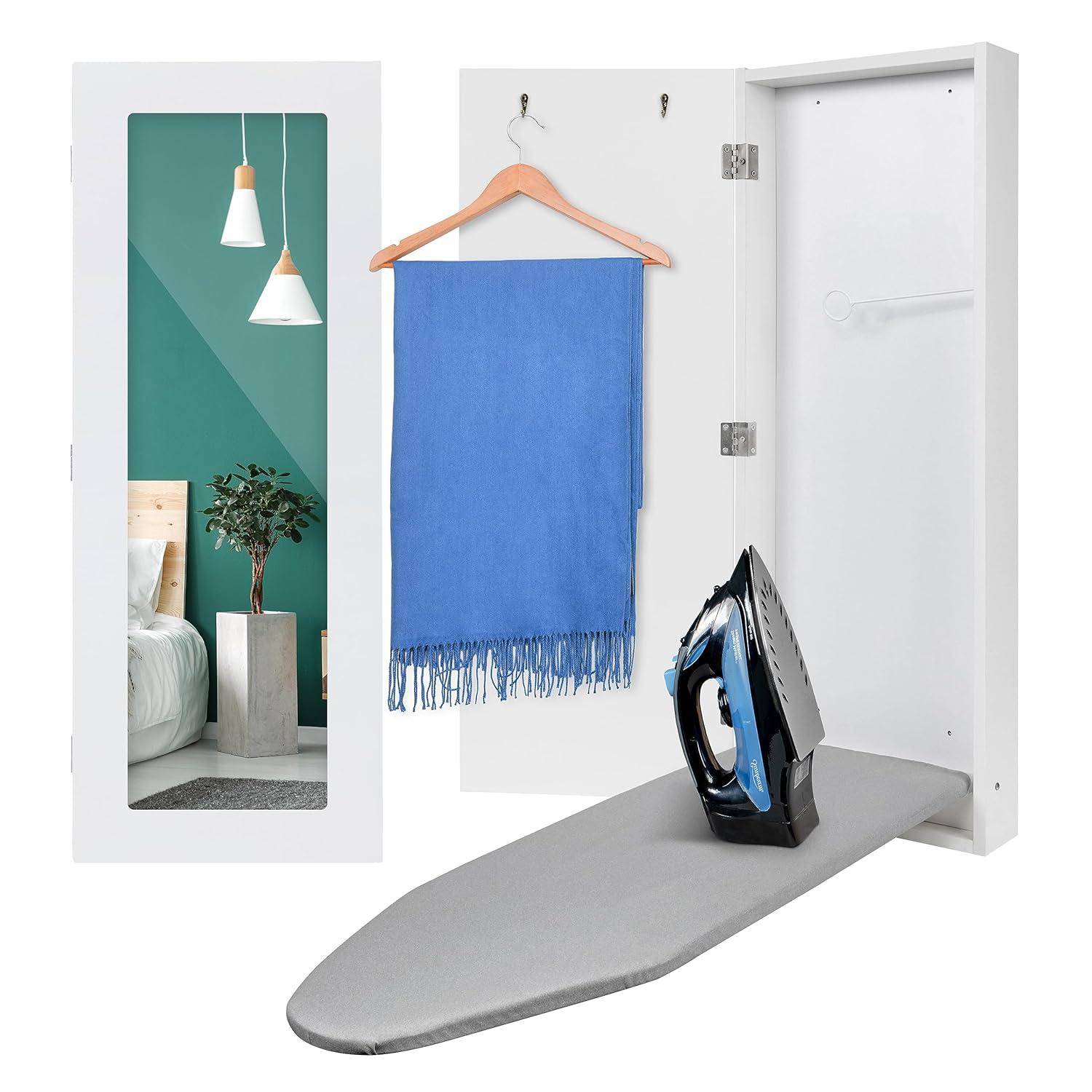 Ivation Ironing Board, Wall Mounted Ironing Board Cabinet W/Left Side Door, Mirror & Lever, White