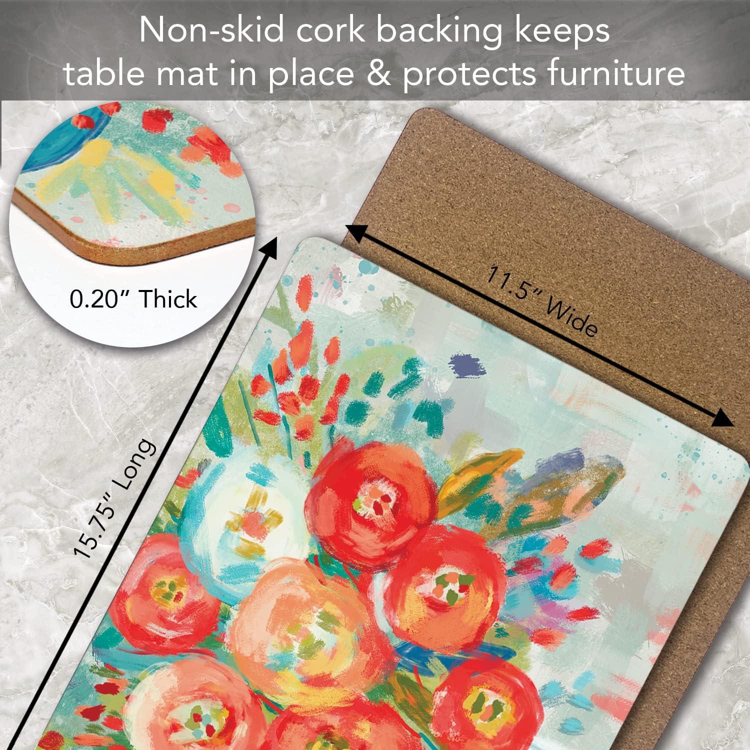 Cala Home "Coral Floral" Premium Decorative Hardboard Cork Back Tabletop Placemats 4 Pack