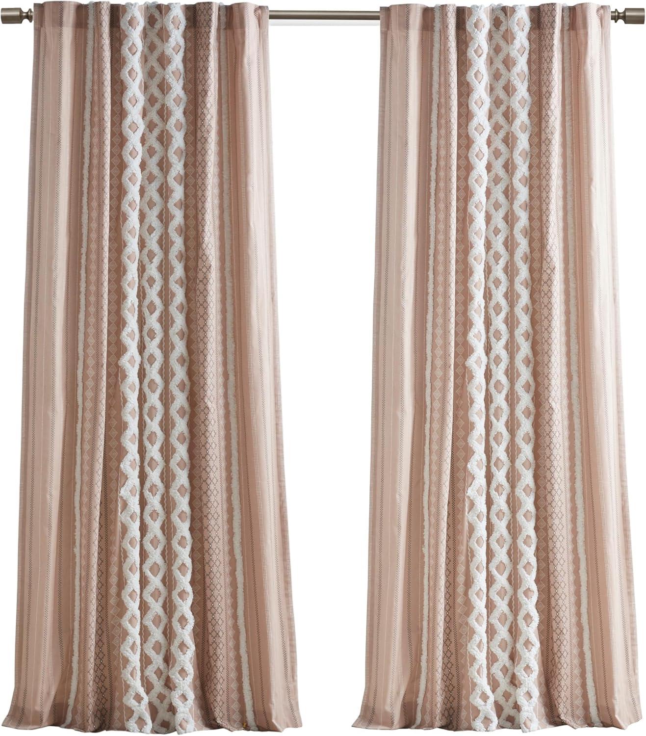 INK+IVY Imani Cotton Printed Curtain Panel with Chenille Stripe and Lining, Blush, 50x84"