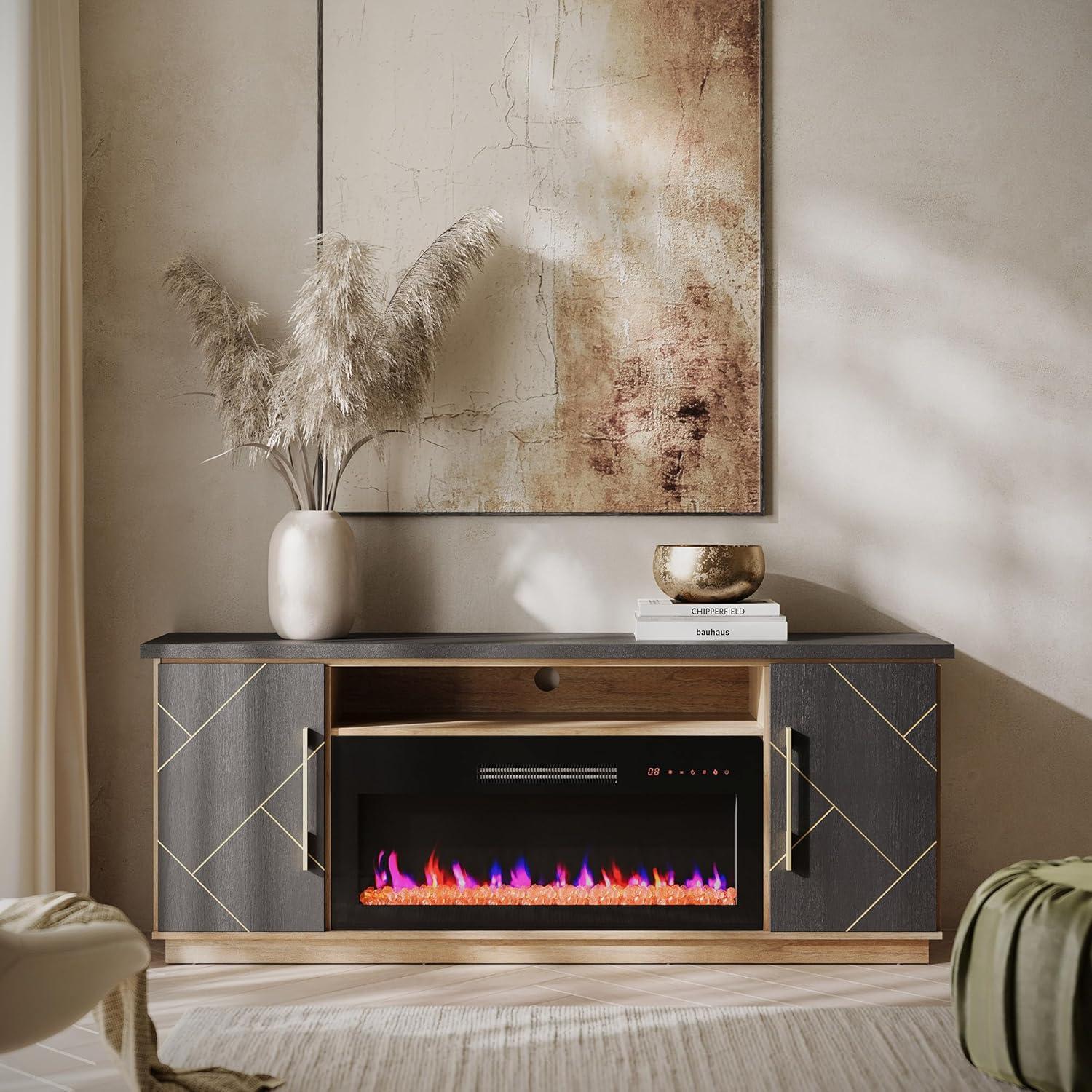 BELLEZE 68 Inch Electric Fireplace TV Stand With Gold Grim, Elegant Entertainment Center With Storage, Media Console With Drawers & Open Shelves for Living Room, Bedroom Home Theater (Espresso Black)