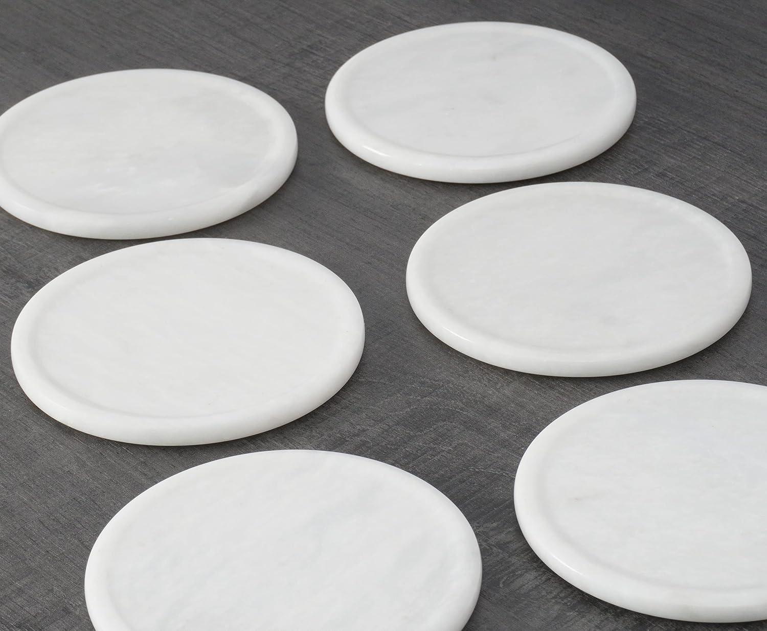 Radicaln White Marble Drink Coasters with Holder – 3.5" Round Handmade Coasters Set of 6 for Kitchen Table, Coffee Table, Bar, Home and Office Décor