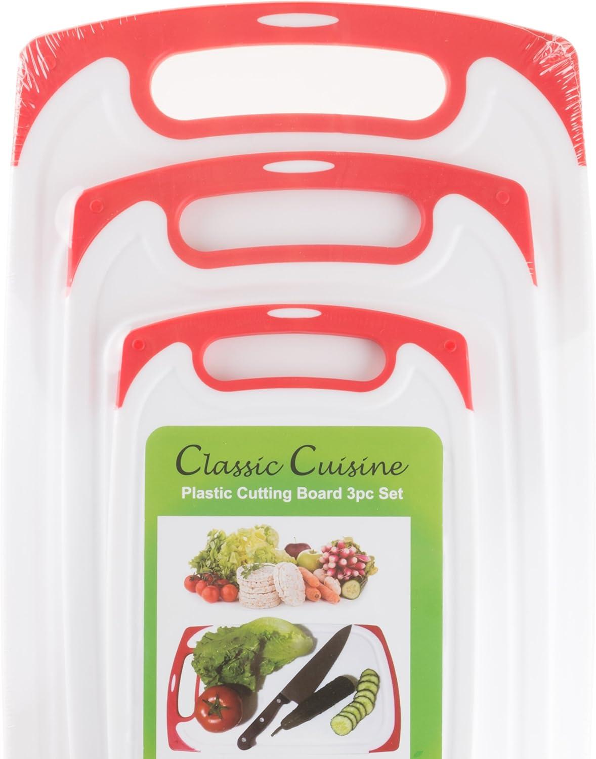 Cutting Boards - 3-Piece Plastic Chopping Board with Juice Groove - Dishwasher Safe Cooking or Food Prep Kitchen Essentials by Classic Cuisine (Red)