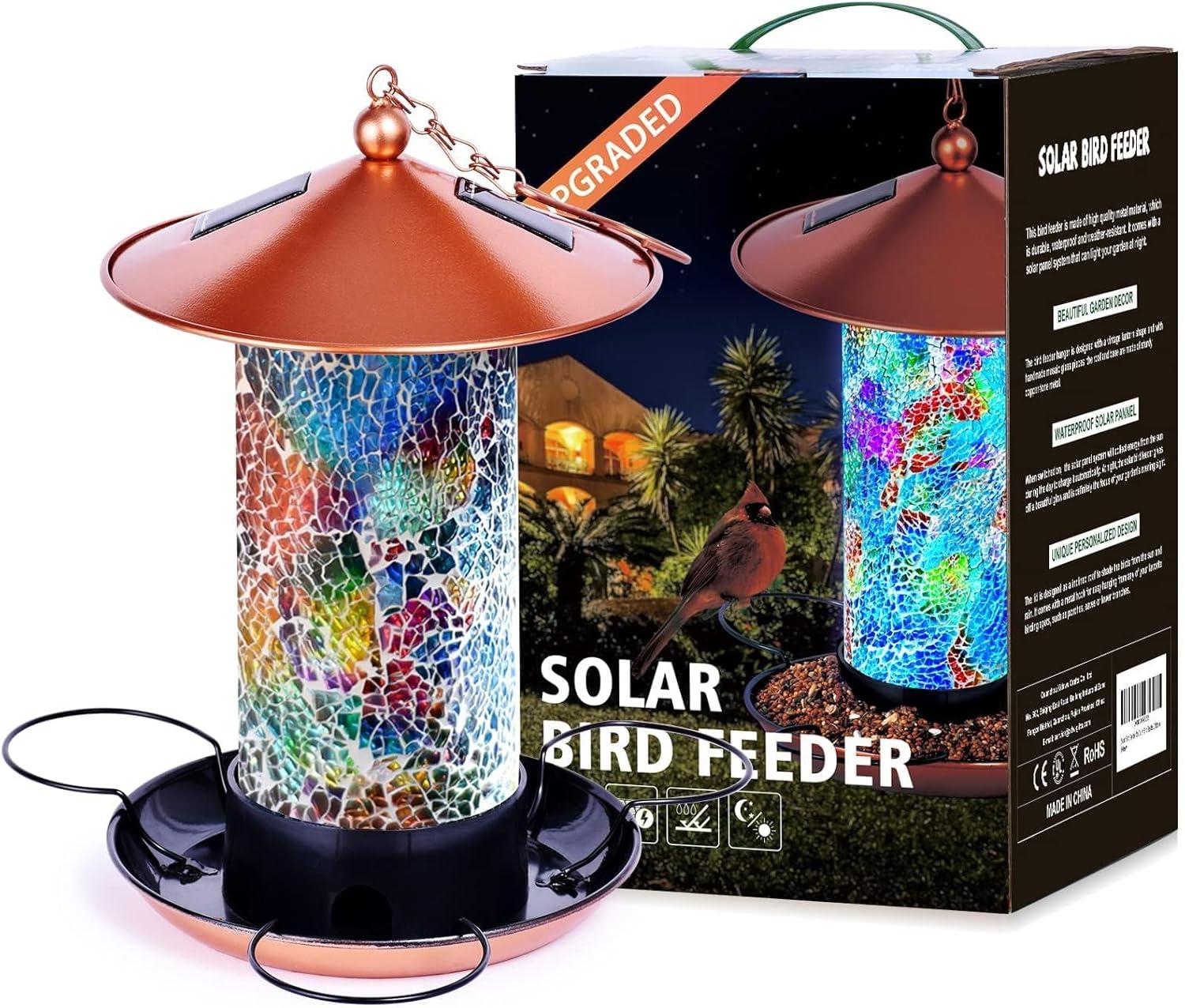 Multicolor Mosaic Glass Solar Hanging Bird Feeder with Copper Roof