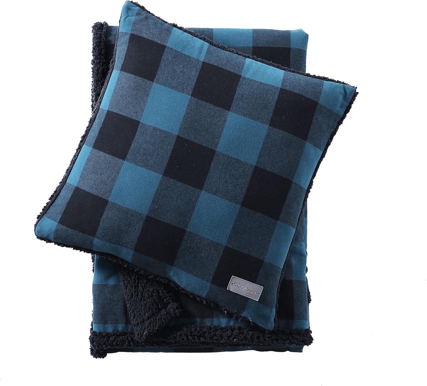 20"x20" Oversize Cabin Plaid Square Throw Pillow with 50"x60" Cabin Plaid Throw Blanket Set Blue/Black - Eddie Bauer