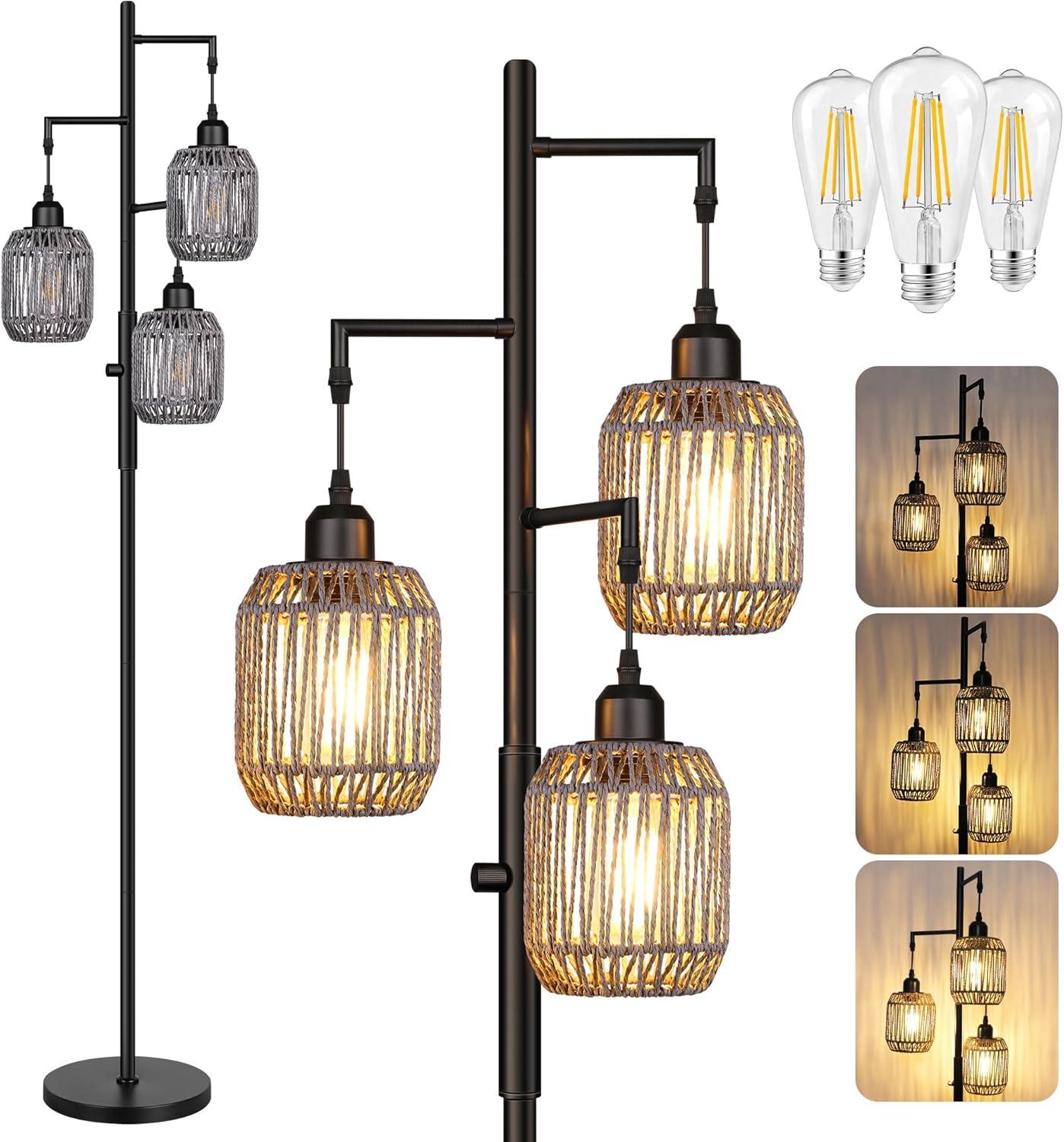 ROTTOGOON Dimmable Boho Floor Lamp - 3 Light Farmhouse Rattan Floor Lamp for Living Room, Industrial Tree Floor Lamps with 3 X 6W LED Bulbs, Rustic Standing Tall Lamp for Bedroom, 68", Black + Gray