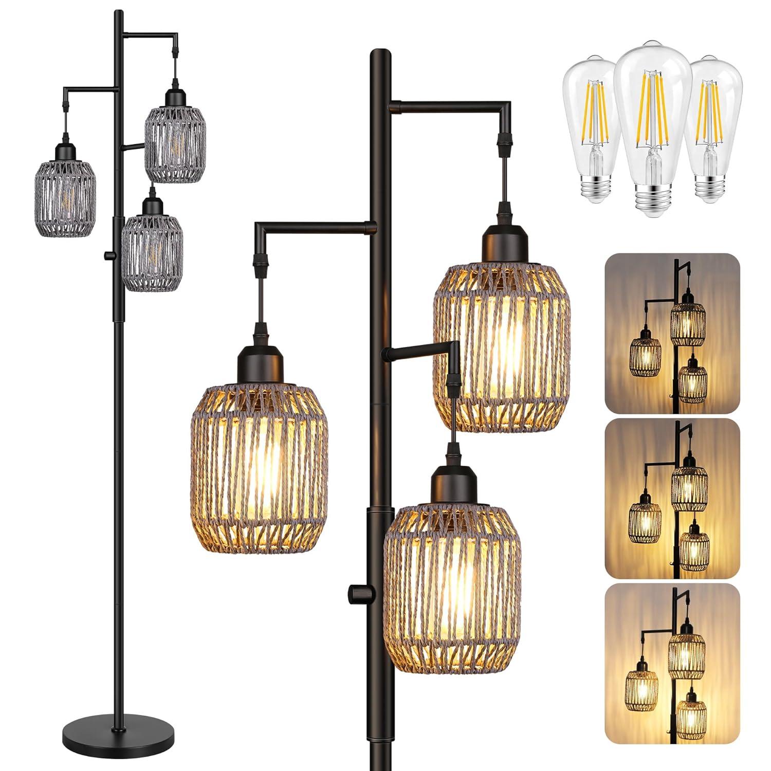 ROTTOGOON Dimmable Boho Floor Lamp - 3 Light Farmhouse Rattan Floor Lamp for Living Room, Industrial Tree Floor Lamps with 3 X 6W LED Bulbs, Rustic Standing Tall Lamp for Bedroom, 68", Black + Gray