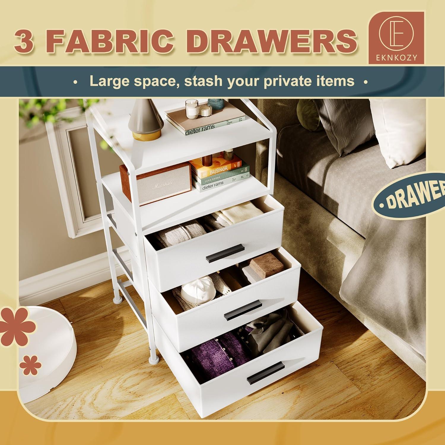 Nightstand Drawer Dresser, Vertical Side Table with Fabric Drawers 3-drawer