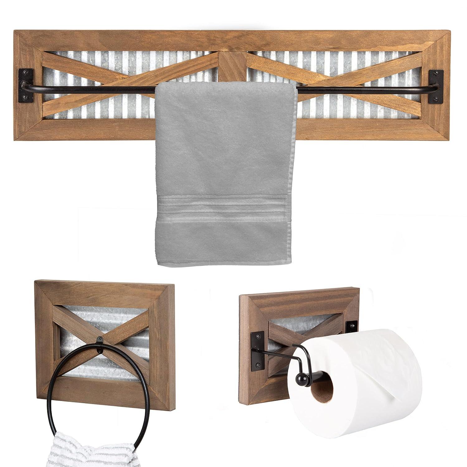 Crutello Rustic Towel Bar Toilet Paper Holder Set with Towel Ring for Bathroom- Wall Mounted Bathroom Racks - Barnwood, Galvanized Backing & Black Metal Bar, Farmhouse Decor