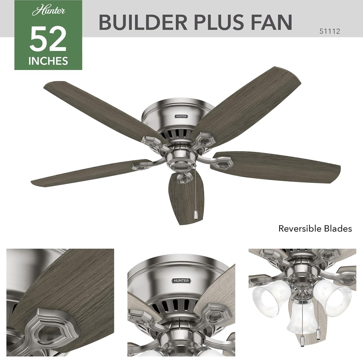 Builder Low Profile 52" 5 - Blade Flush Mount Ceiling Fan with Lights and Pull Chains