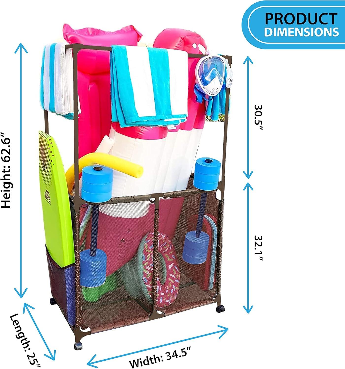 Essentially Yours Pool Equipment Holder with Towel Drying Bars, Mesh Rolling Double Decker Multi Use Storage Organizer Bin, Extra Large with Towel Hanger, (34.5" W x 25" L x 62.6" H), Brown Style 4185