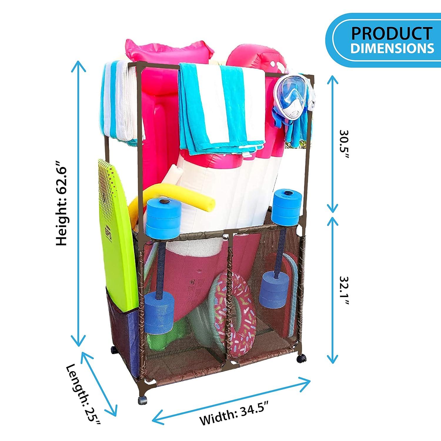 Essentially Yours Pool Equipment Holder with Towel Drying Bars, Mesh Rolling Double Decker Multi Use Storage Organizer Bin, Extra Large with Towel Hanger, (34.5" W x 25" L x 62.6" H), Brown Style 4185