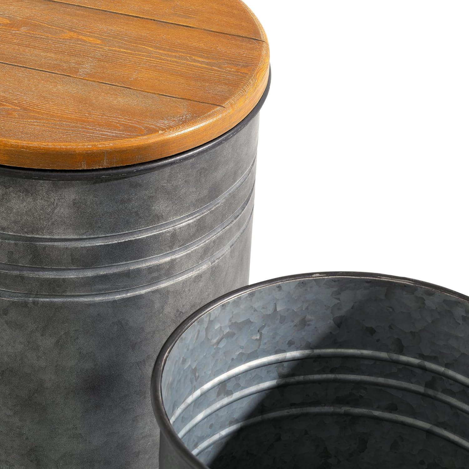 Rustic Dark Gray Metal Storage Stools with Wood Lids, Set of 2