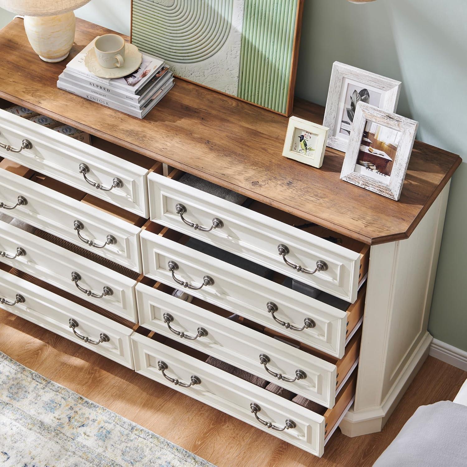 T4TREAM Farmhouse 8 Drawers Dresser for Bedroom, 54" Wide Wood Rustic Chest of Drawers with Natural Texture, Vintage Design, Storage Dressers Organizer for Bedroom, Living Room (Antique White)