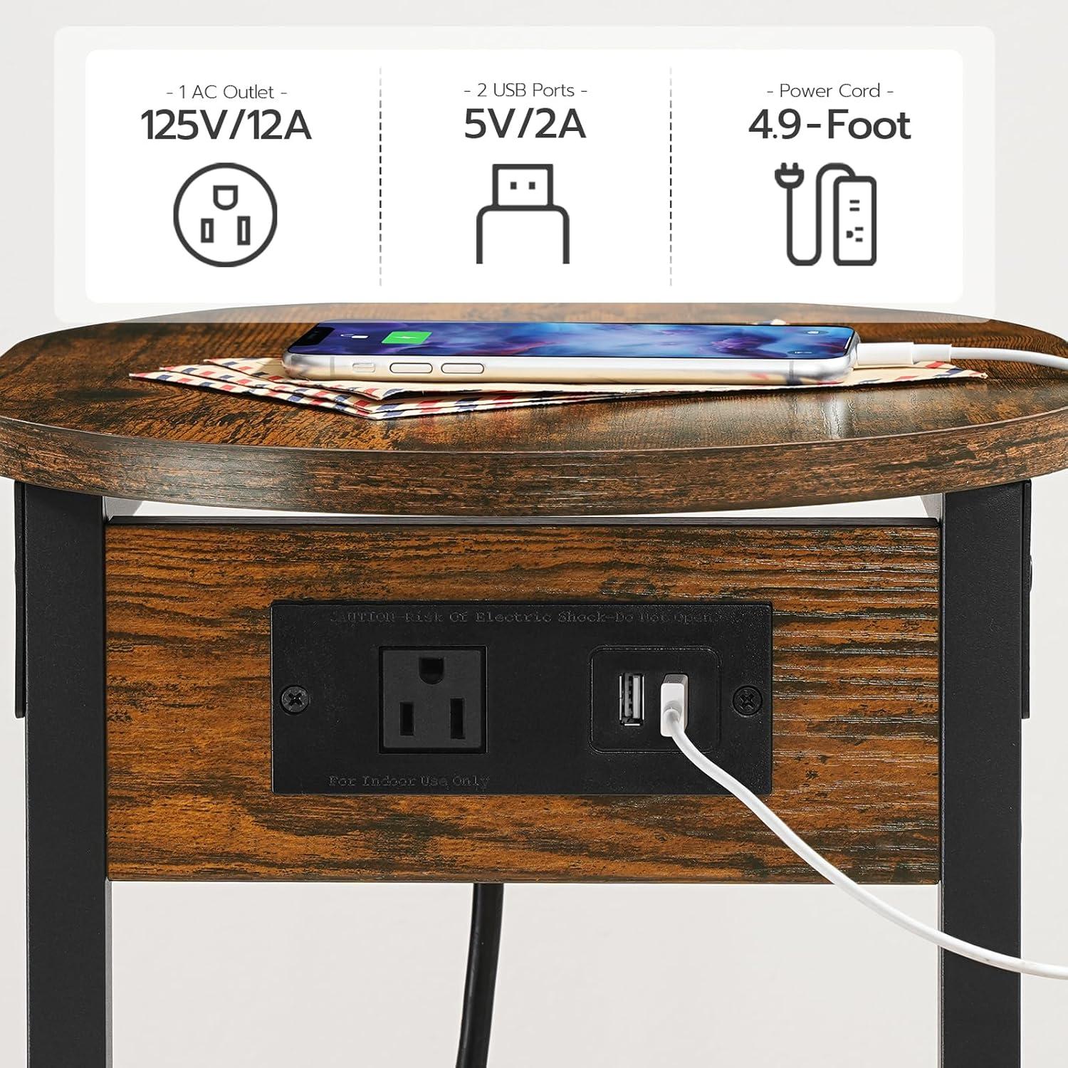 Rustic Brown and Black C-Shaped Side Table with Charging Station