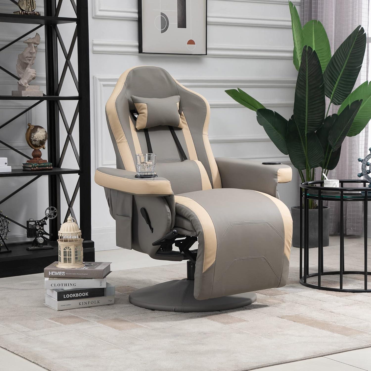 Gray and Beige Faux Leather Swivel Recliner with Cup Holders