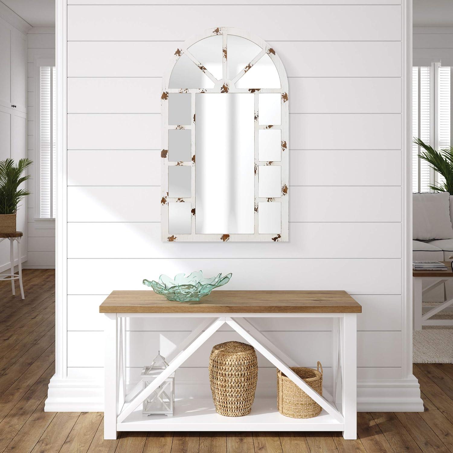 Patton Wall Decor Arch Windowpane Wall Mirror, Distressed White, 24x40"