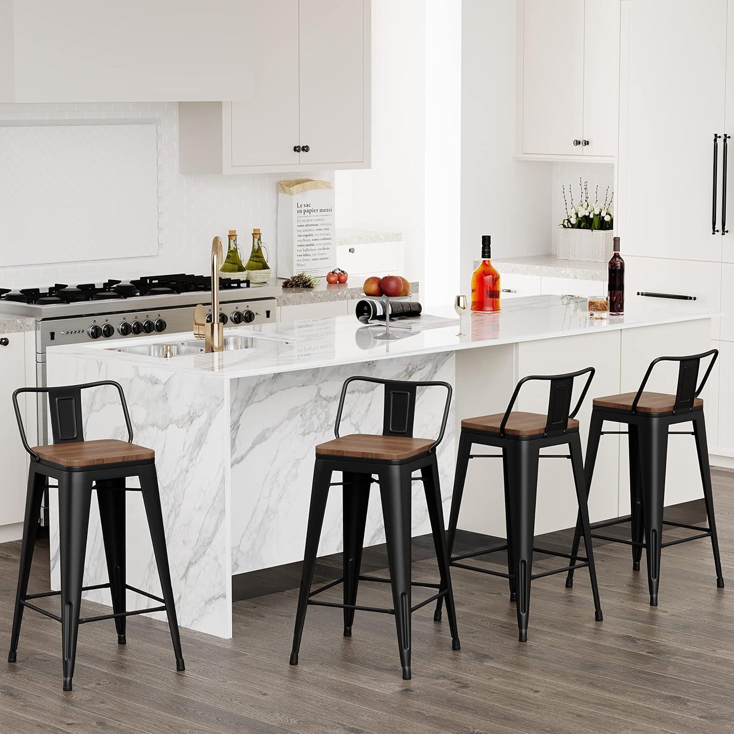 Killeryuki 24'' Metal Bar Stool 4PCS Low Back Conuter Stools for Indoor/Outdoor Barstools Metal Black Stools Bar Chairs w/Wooden Seat Metal Leg Industrial Counter Height Stools Black