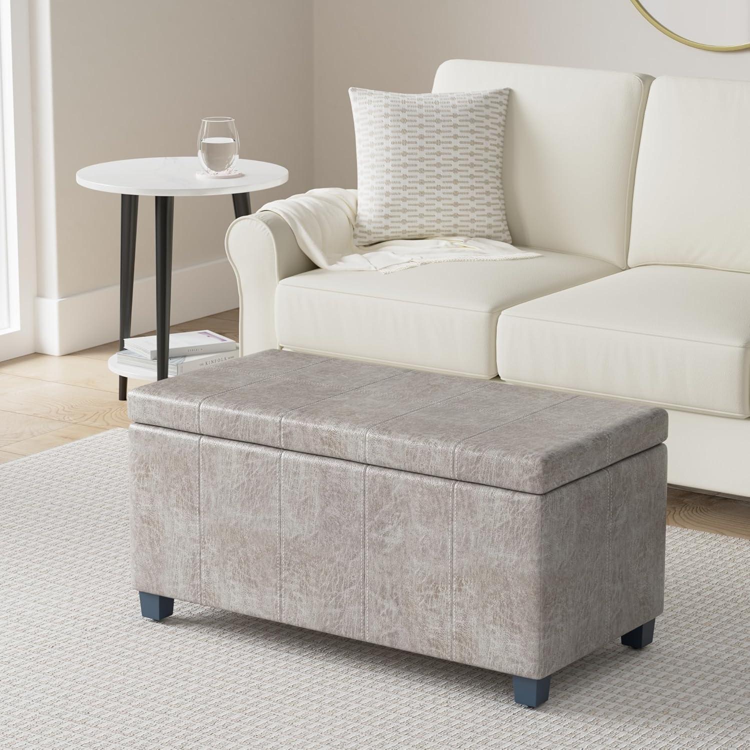 Simpli Home Dover Faux Leather Storage Ottoman Bench in Gray Taupe