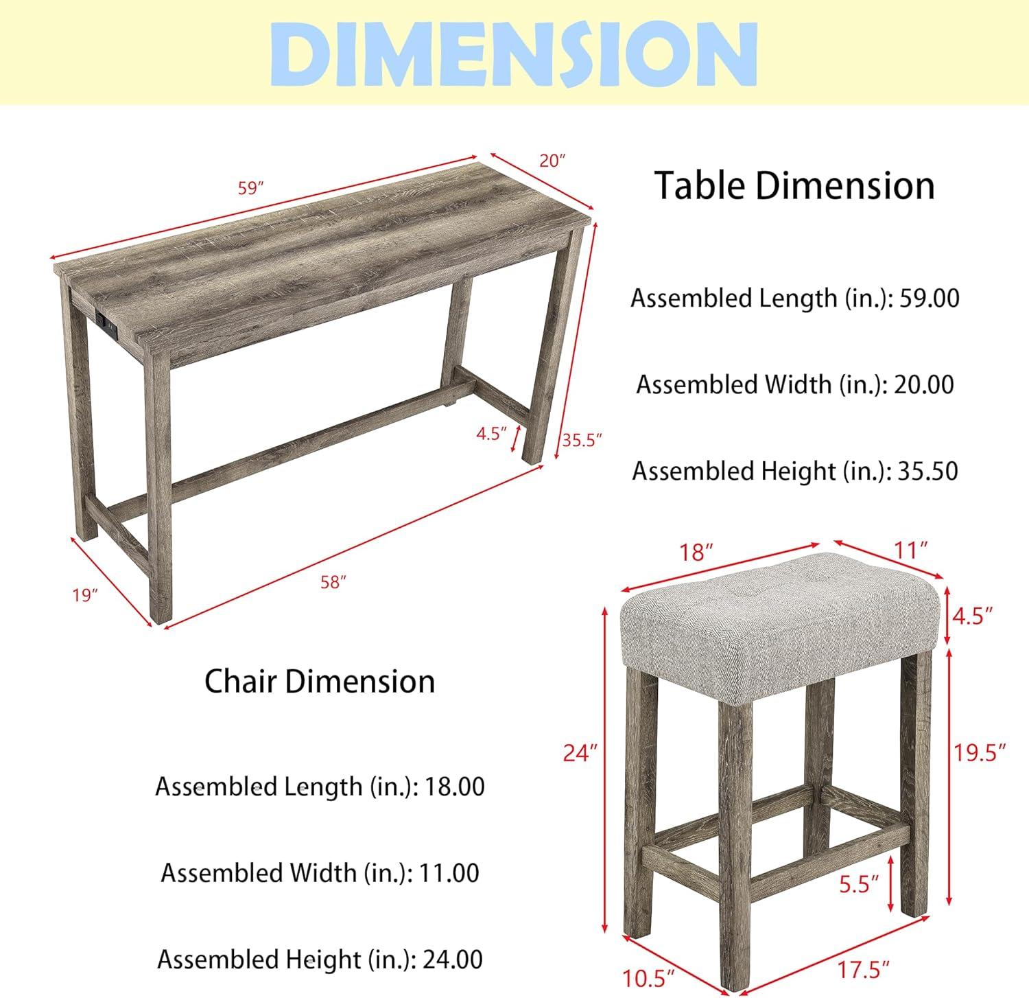 4 Piece Bar Table Set with Power Outlet,Dining Table and Chairs Set,Industrial Breakfast Table Set with 3 Padded Stools for Living Room,Dining Room,Game Room,Brown