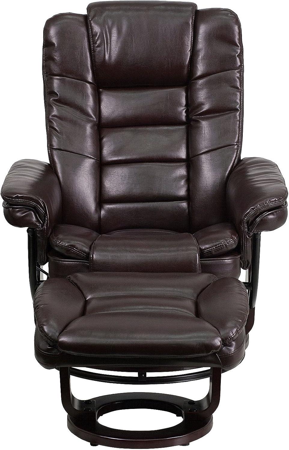 BizChair Contemporary Multi-Position Recliner with Horizontal Stitching and Ottoman with Swivel Mahogany Wood Base in Brown LeatherSoft