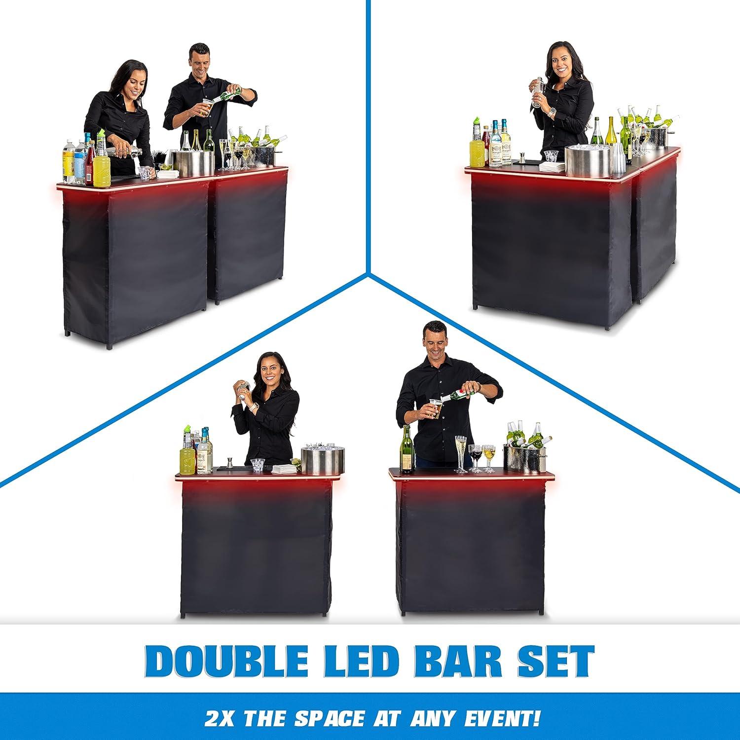 GoBar Portable Double Bar Table Set with Multi-Color LED Lights - Mobile Bartender Station for Events - Includes Carrying Case